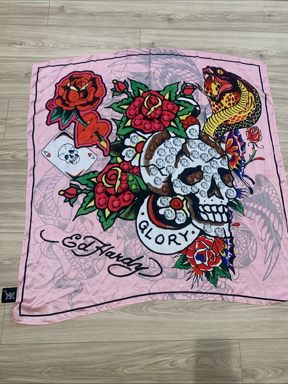Ed Hardy extra large Pink Skull & Snake Floral Silk Scarf 3.5ftx 3.5ft